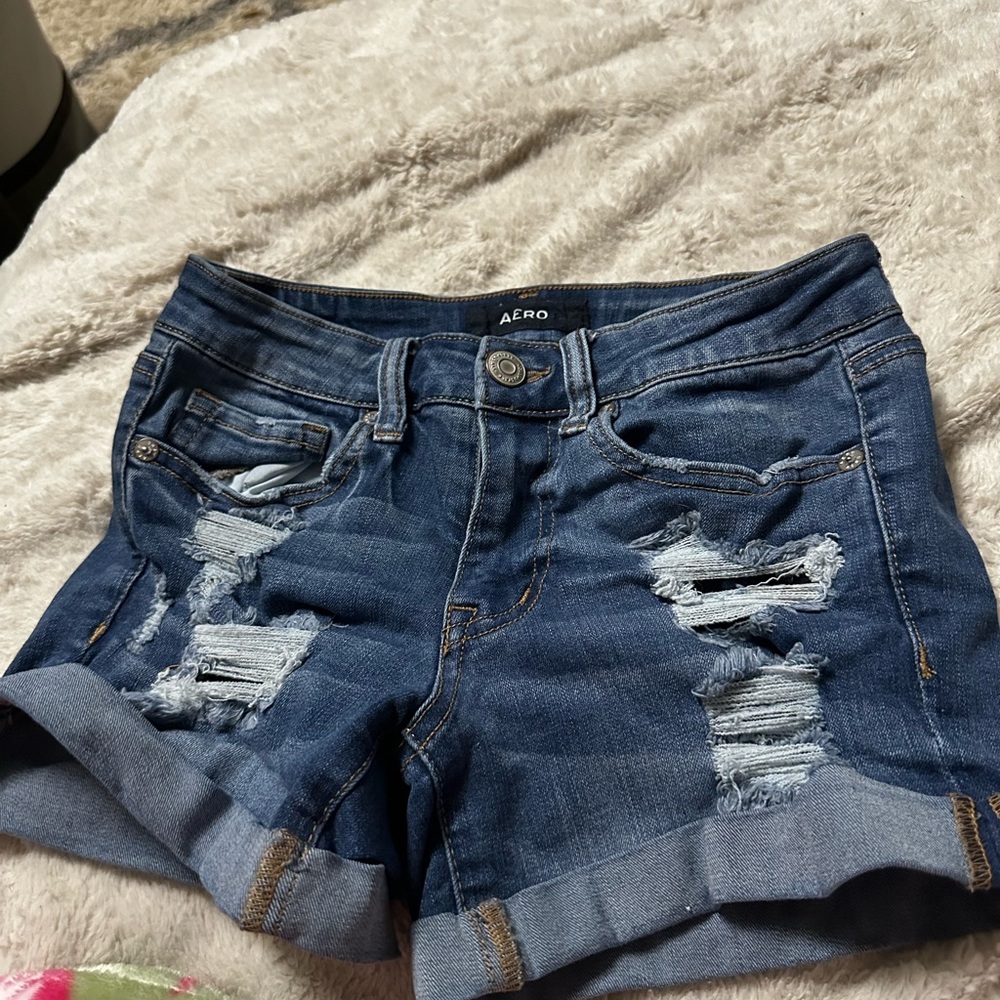 Aeropostale Women's Ripped Jean Shorts - Dark Blue